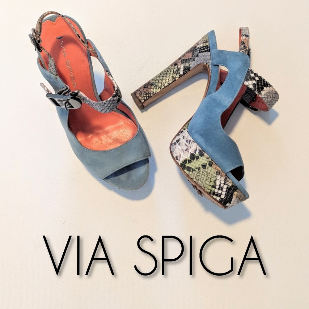 VIA SPIGA Suede and Snakeskin Platform Heels